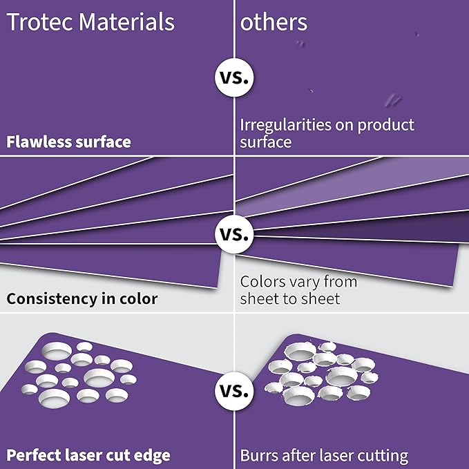 Trotec TroLase | 12"x12"x1/16", 8 Pcs | Purple/White | 2 Ply | Modified Acrylic | Laser Engraving Double Color Plastic Sheet | Engraving Blanks for Laser, Saw, Guillotine | Made in USA
