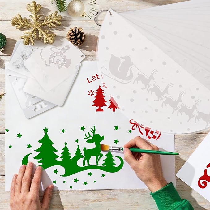 34pcs Christmas Stencils for Painting On Wood Reusable Xmas Stencils Set Holiday Templates for DIY Crafts Home Decor Art Projects