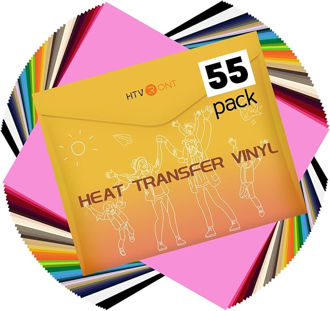 HTVRONT Heat Transfer Vinyl - 55 Pack 12" x 10" Iron on Vinyl Compatible with Cricut Cutting Machine, 44 Assorted Colors HTV Vinyl with 1 PTFE Sheet for All Cutter Machine - Easy to Cut & Weed