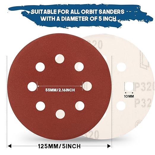 5 Inch 8 Hole Sanding Discs, 150 PCS 320 Grit Hook and Loop Sandpaper, Round Aluminum Oxide Sand Paper Discs for Random Orbital Sander