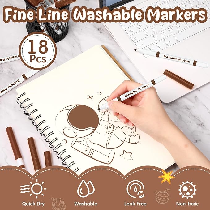 18 Pcs Line Washable Markers Bulk Brown Fine Tip Markers Set Coloring Thin Tip Drawing Washable Pen for Kids Toddler Teacher Art School Classroom Back to School Gender Reveal Party Supplies,Ages 6+