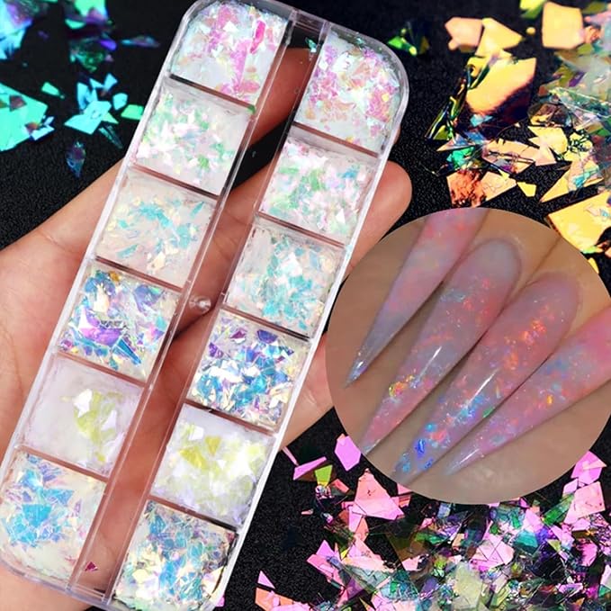 12 Colors Holographic Glitter Nail Art Sequins Aurora Iridescent Nail Flakes Glitter Chameleon Flakes Irregular Ice Slag Glass Paper Ultra Thin Mermaid Nail Glitter for Nail Art Make-up DIY Decoration