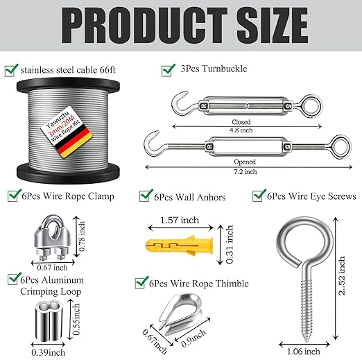 1/8 Inch Heavy-Duty Stainless Steel Cable 65FT Wire Rope with M5 Turnbuckle - 304 Stainless Steel, 1700LB Break Strength for Outdoor Sun Shade, Garden Climbing,Deck Railing (1/8" 65FT Wire Rope Kit)