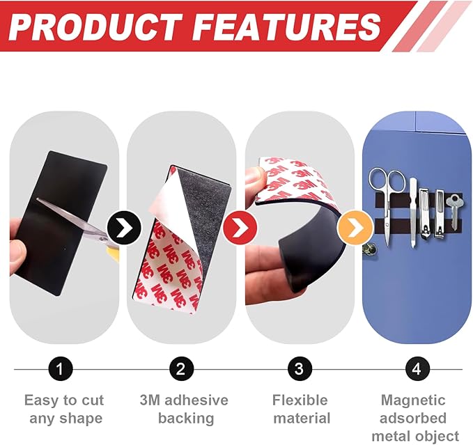 Thaibear Magnetic Strips, Flexible Magnet Strips with Adhesive Backing (8 Pack, 4" x 2") Strong Adhesive Magnetic Tape for DIY, Crafts, Fridge - Sticky Magnet Tape Strip for Wall