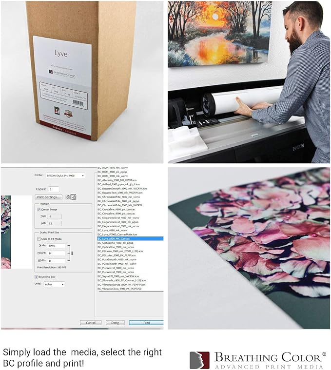 Premium Lyve Matte Canvas Paper Perfect For Use on Professional Makes and Models of Epson, Canon and HP printers preferred by Professionals. 19 mil textured Canvas offered in a 54 inch by 40 ft roll