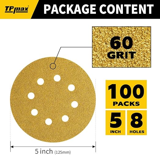 100PCS 5 Inch 60 Grit 125mm 8 Hole Sanding Discs Sandpaper - Premium Gold Round Hook and Loop for Random Orbital Sander - Ideal for Wood, Metal, Automotive
