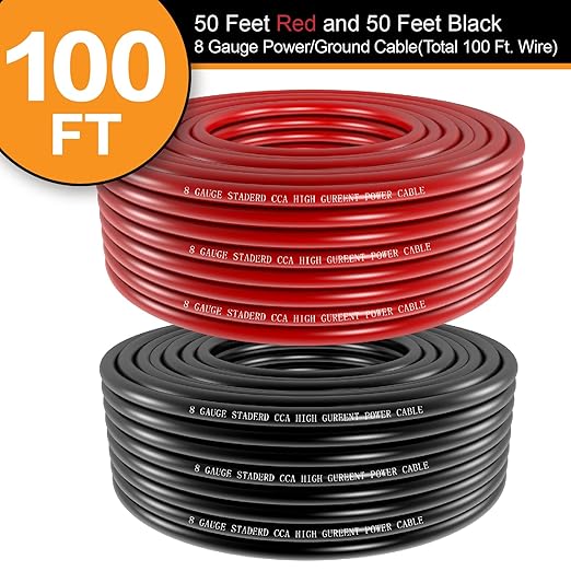 100FT 8 Gauge Wire Copper Clad Aluminum CCA Black/Red with 8ga lugs,60A Fuse Holder,Heat Shrink Tube - Battery Power/Ground Cable,Car Audio Speaker,RV Trailer Amp Wiring kit (50ft Each- Black/Red)