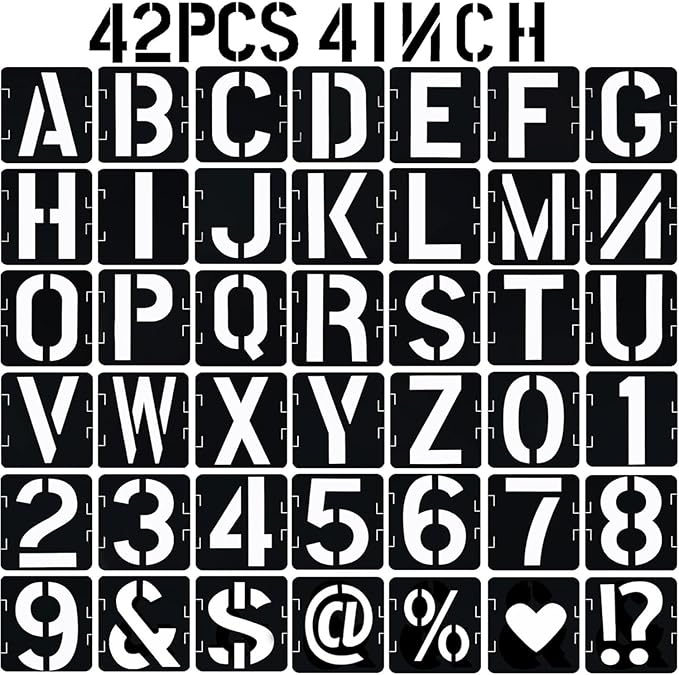 4 in Alphabet Number Stencils for Painting, 42 Pcs Reusable Letter Stencils for DIY Project Art Craft Spray Painting Templates Interlocking Stencil Kits for Wood Signs, Wall Art