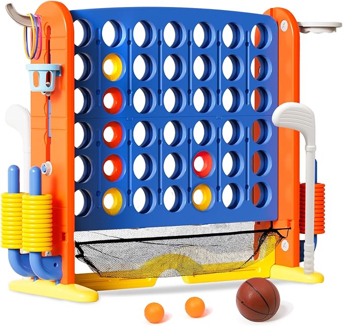 Ancaixin Giant 4 in-A-Row Connect Game Set, Adjustable Height Jumbo Yard Game with Basketball Hoop, Golf, Mesh Pocket & Ring Toss, Indoor Outdoor Family Backyard Party Game for Kids and Adults, Blue