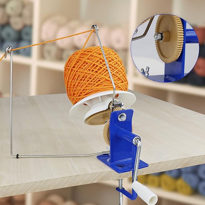 LAMXD Needlecraft Large Jumbo Metal Yarn/Wool/String/Fiber Ball Winder Hand Operated,10-Ounce,with Thread Cutter Scissors, Blue and White