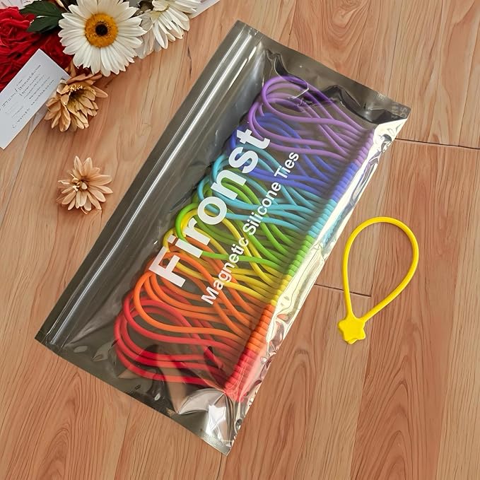 Reusable Silicone Magnetic Cable Ties, 28 Pack 7.48'' Magnetic Twist Ties for Bundling and Organizing, Holding Stuff, USB Charging Cords, Fridge Magnets, or to Play and Decorate(7 Colors)
