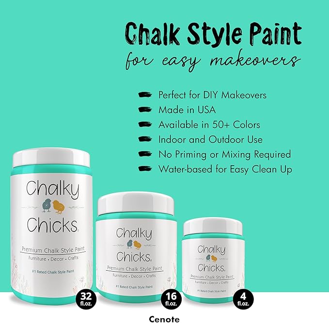 Chalky Chicks All-in-One Chalk Paint for Furniture or Cabinet - 16 Fl Oz - Matte Finish Cenote (Teal Blue) for Metal, Wood Furniture Paint - No Sanding All-in-One for Home Decor & Crafts, USA Made