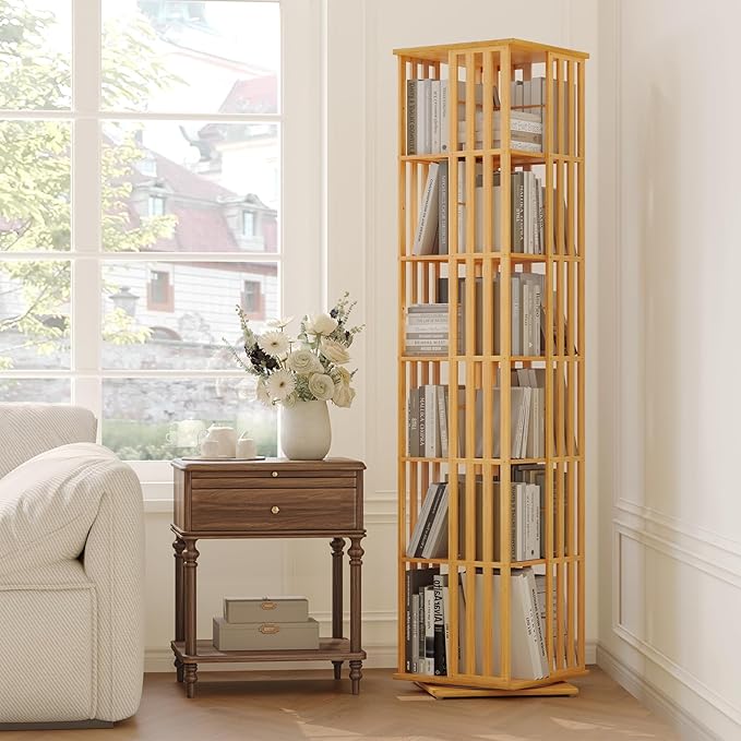 YOWOS Rotating Bookshelf Tower, 360 Display Spinning Bookcase, Bamboo Bookshelf Floor Standing Storage Rack, Wood Narrow Book Shelf Organizer for Kids&Adults(Nature, 6 Tier)