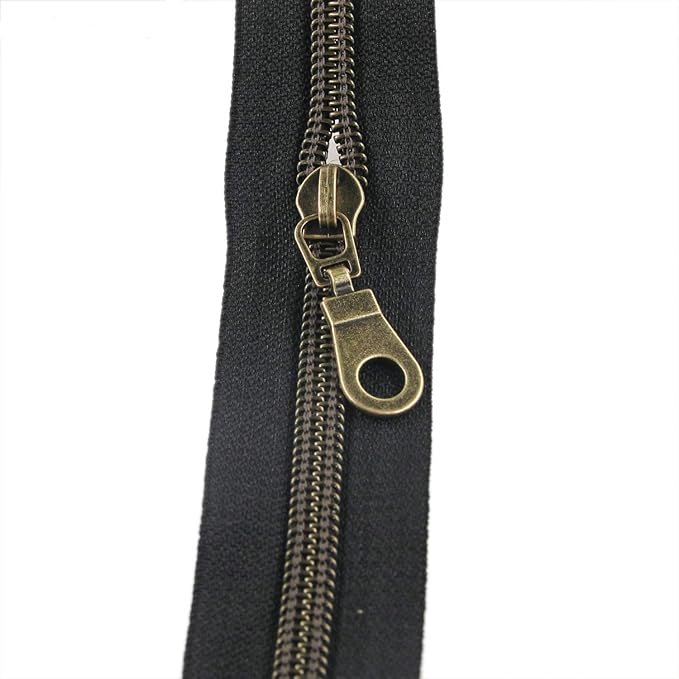 Leekayer #5 Antique Brass Metallic Nylon Coil Zippers by The Yard Bulk 10 Yards Black Zipper Tape with 25pcs Brass Sliders for DIY Sewing Tailor Craft Bag (Black)