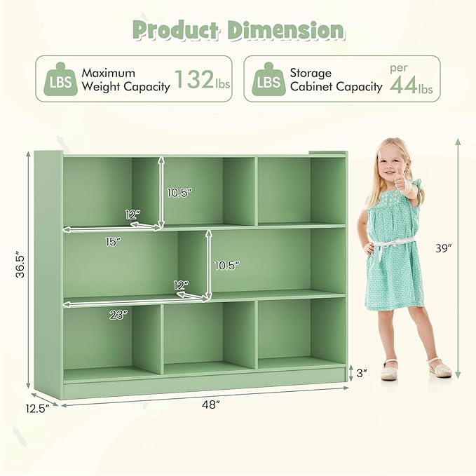 KOTEK Toy Storage Organizer, 5 Cubby Kids Bookshelf, Wooden 3-Tier Bookcase Storage Cabinet, Open Display Book Shelf for Daycare, Nursery, School Classroom, Living Room (Green, 8 Cubes)