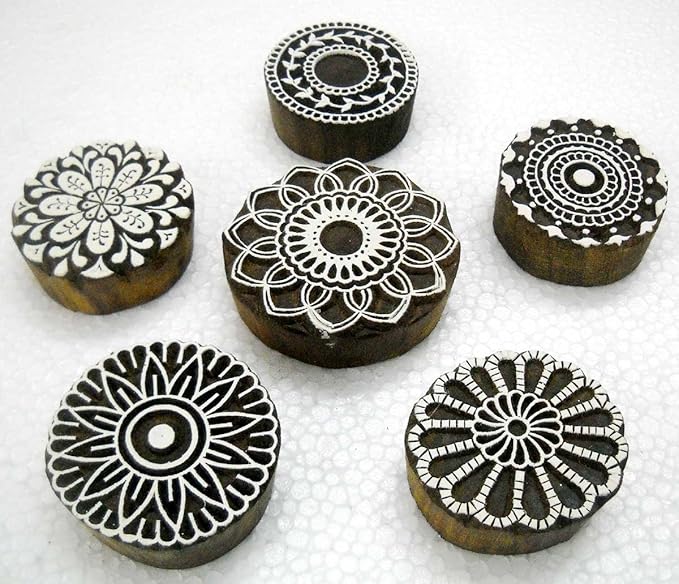 Wholesale (Pack of 6) Round Shaped Floral Designs 100% Handcarved Wooden Block Stamps/Tattoo/Indian Textile Printing Blocks.