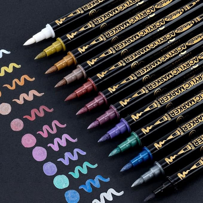 TRANSON 12Colors Metallic Paint Markers Bold and Brush Dual-tip for Rock Wood Ceramic Canvas DIY Painting Drawing