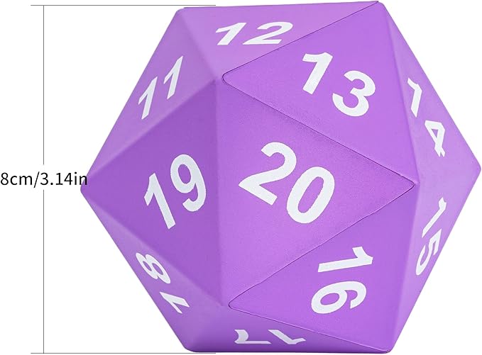 Large Foam D20 Dice, 80mm Purple 20 Sided Dice D&D Polyhedral Set with Drawstring Bag for Role Playing Games