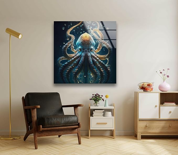 My Photostation.com 18Wx28H'' Underwater Blue Octopus Glass Wall Art Tempered Glass Printing Wall Decor Large Wall Art Wall Hangings
