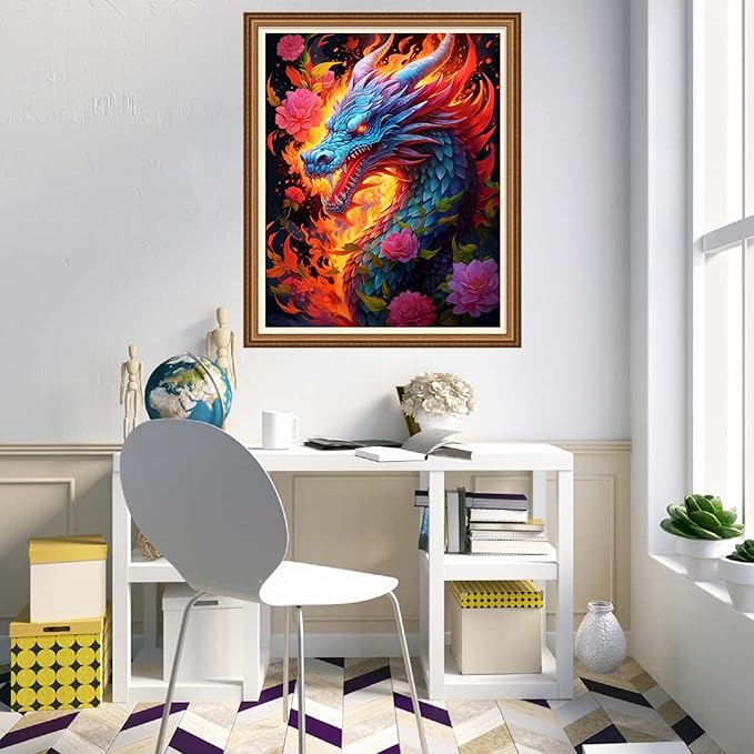 Disnesart Cross Stitch Stamped Full Embroidery Kits DIY 11CT Cotton Thread Printed DIY Needlepoint Kits Craft Needlework Set Cross-Stitch Stamped Sets-Flower Dragon 16x20 inch