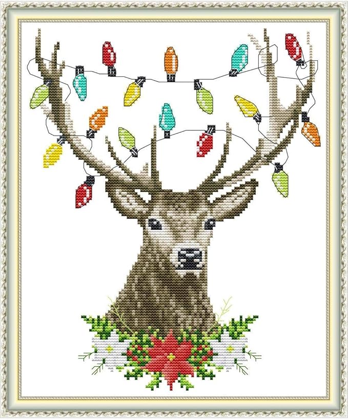 CROSSDECOR Cross Stitch Stamped Kits 11CT 14X16 inch Pre-Printed Cross-Stitching Starter Patterns for Beginner Kids or Adults, Embroidery Needlepoint Kits Christmas Deer
