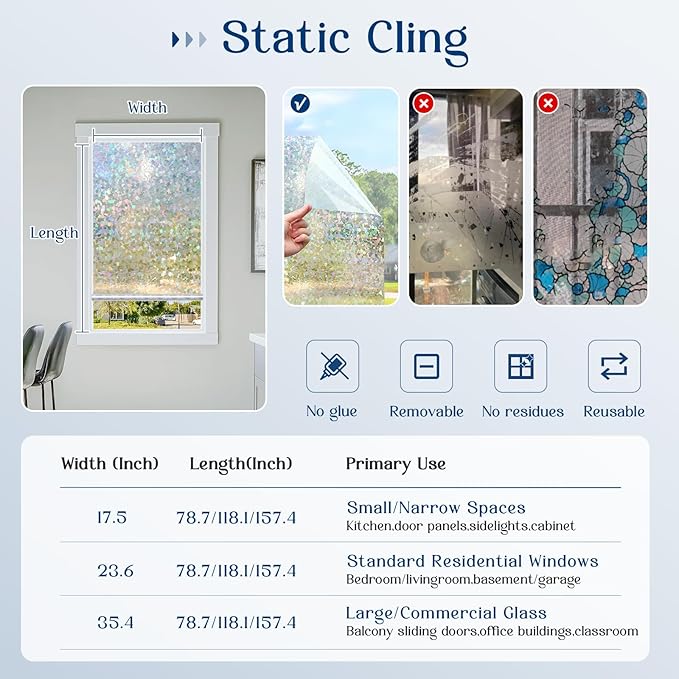 Haton Window Privacy Film, Rainbow Stained Glass Window Clings, 3D Decorative UV Sun Blocking Sticker, Removable Static Cling Heat Control Tint for Home Door, 23.6" x 157.4" Non-Adhesive