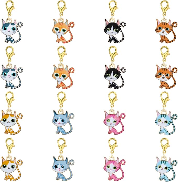 BEEFLYING 16Pcs Cat Stitch Marker Charms for Crocheting and Knitting, 8 Styles Alloy Enemal Crochet Knit Stitch Marker Pendant with Lobster Clasp for Sewing Quilting Handmade Jewelry