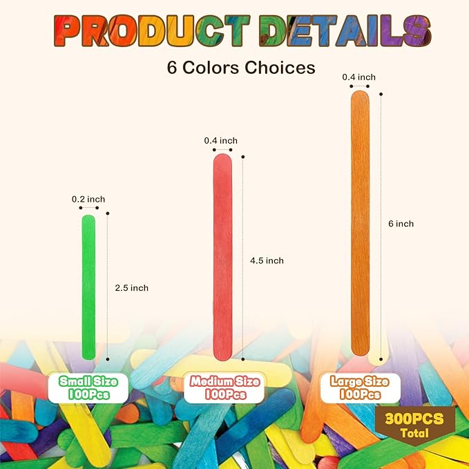 300PCS Colored Sticks for Craft, 3 Sizes (2.5",4.5",6") Colorful Rainbow Popsicle Wooden Sticks Bulk for Home Decoration Project Kid Classroom Art DIY Craft Supplies School Activities