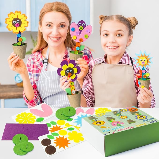 WATINC Mother's Day Spring Felt Flower Craft Kits - Make Your Standing Flowers Gift Crafts with Buttons Flower Pot Decor, DIY Flowers Decorations Home School Fun Activities for Mom Kids (24Pcs)