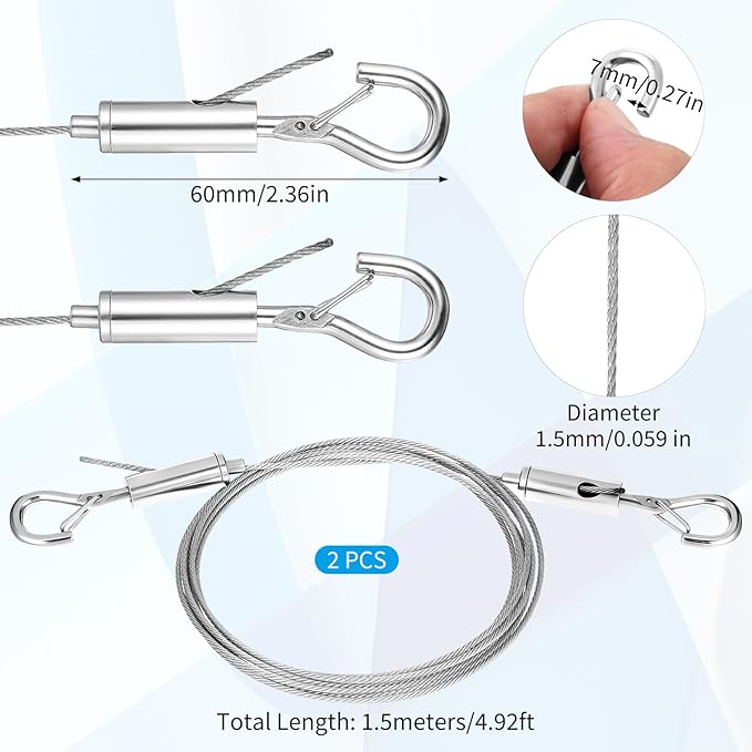 2 Pcs Heavy Duty Picture Hanging Wire Kit Adjustable Stainless Steel Wire Rope 1.5m x1.5mm Picture Frame Hang Kit with Hooks Heavy Duty Hardware Hold Up to 66lbs for Hanging Artwork Mirrors Painting