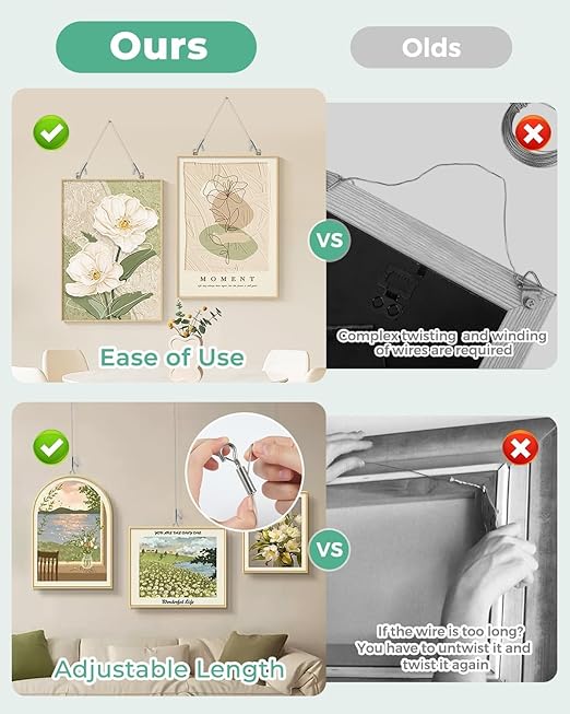 2PCS Adjustable Picture Hanging Wire 1m x 1.5mm Large Hooks, Picture Frame Wire Kit Heavy Duty 100lbs, Stainless Steel for Art, Mirror, Light Lamp, Billboards, Basket Flowerpot