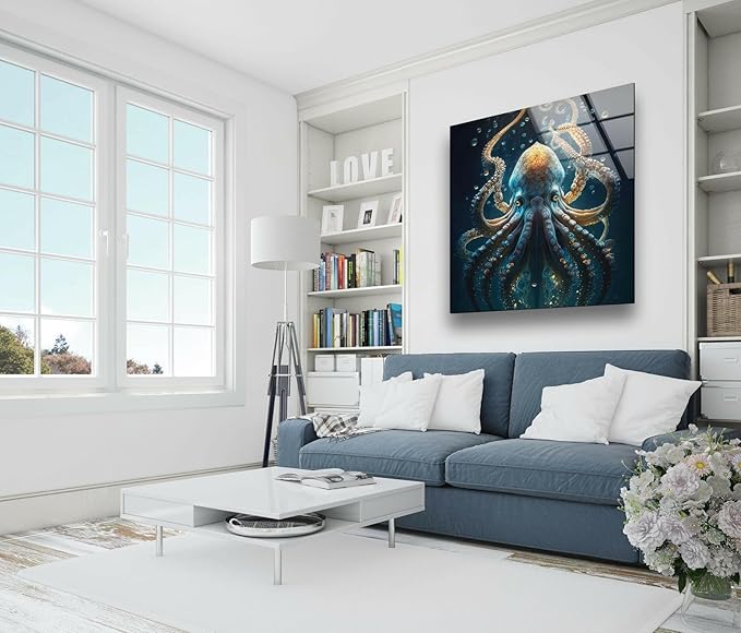 My Photostation.com 40WX60H'' Underwater Blue Octopus Glass Wall Art Tempered Glass Printing Wall Decor Large Wall Art Wall Hangings