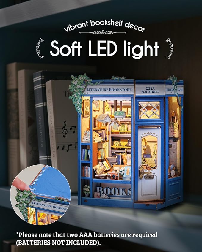 Cutefun Book Nook Kit - DIY Miniature Dollhouse Kit 3D Creative Decorative Bookend 3D Wooden Puzzle for Adults, Bookshelf Insert Library Decor with LED Light (Literature Bookstore)