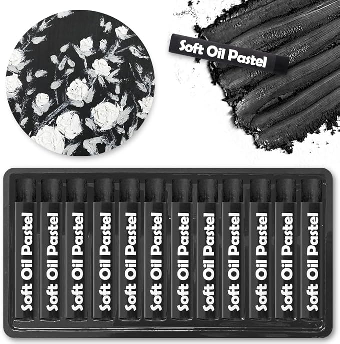 Mifuner Soft Oil Pastels Set (12 Sticks), Single Colors Heavy Oil Pastels Vibrant and Creamy,Pastel Art Supplies for Artists,Gallery Oil Painting Stick,Beginners,Adult Art Drawing Black