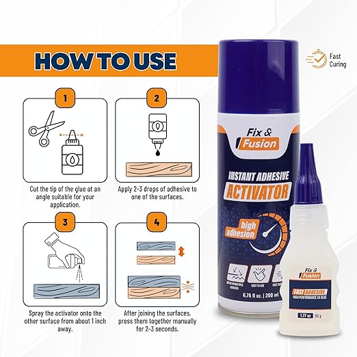 FIX & FUSION Ca Super Glue (1.77 Oz) with Activator Spray (6.76 Fl Oz) Set, Fast Adhesive/Cyanoacrylate Glue & Instant Activator for Woodworking, Plastic, Rubber, Granite, DIY & Industrial, (4 Pack)