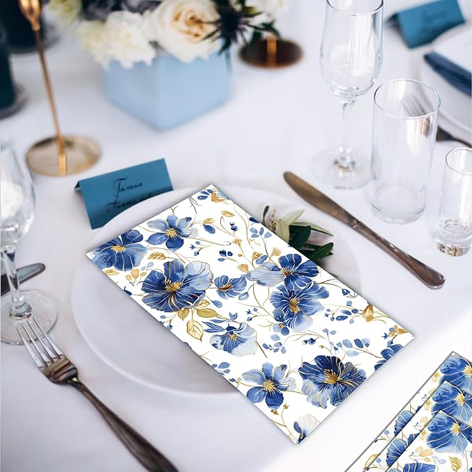 60 Pack 3 Styles Blue Floral Napkins for Decoupage Toile Napkins Flower Cocktail Decorative Paper for Birthday Party Beautiful Gorgeous, 12.9 * 15.7 inch