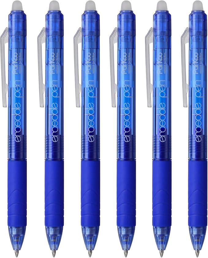 ParKoo Retractable Erasable Gel Pens Clicker, Fine Point 0.7mm, Make Mistake Disappear, Blue Ink for Note Taking and Crossword Puzzles, 6-Pack