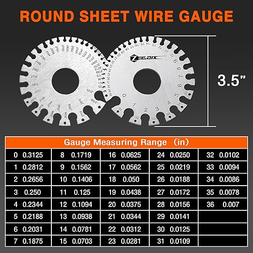 ZeeDix Wire Gauge Measuring Tool (2 Pcs) - Round Dual Sided Metal Sheet Gage & Metal Sheet Thickness Gauge, Stainless Sheet Wire Size Chart & Welding Measurement Tool