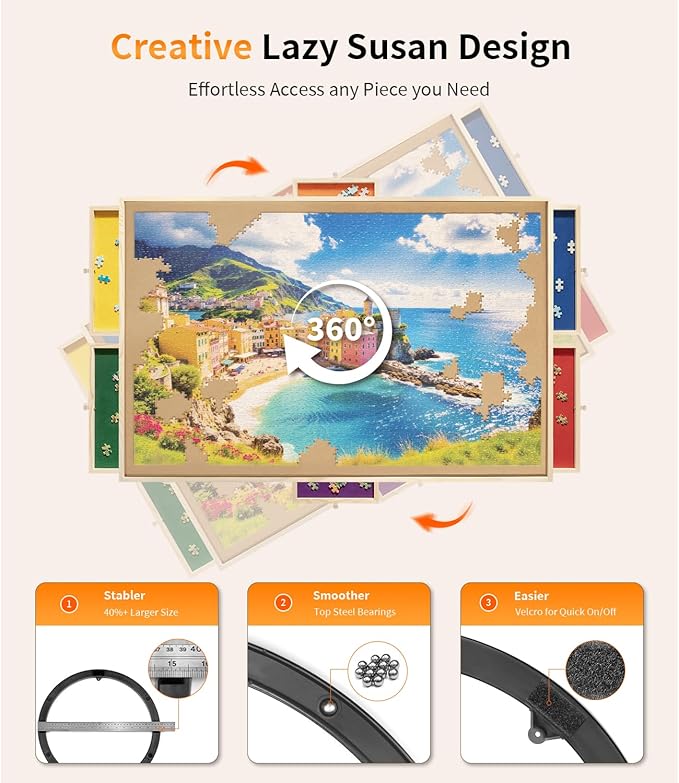 2000 Piece Rotating Puzzle Board Pro, 40" x 29" with 6 Drawers, Rubber Cover Mat, 360° Lasy Susan, Sort-Wise Colorful Felt Drawers & 4 Trays, Wooden Jigsaw Puzzle Table, Birthday Gifts for Mom