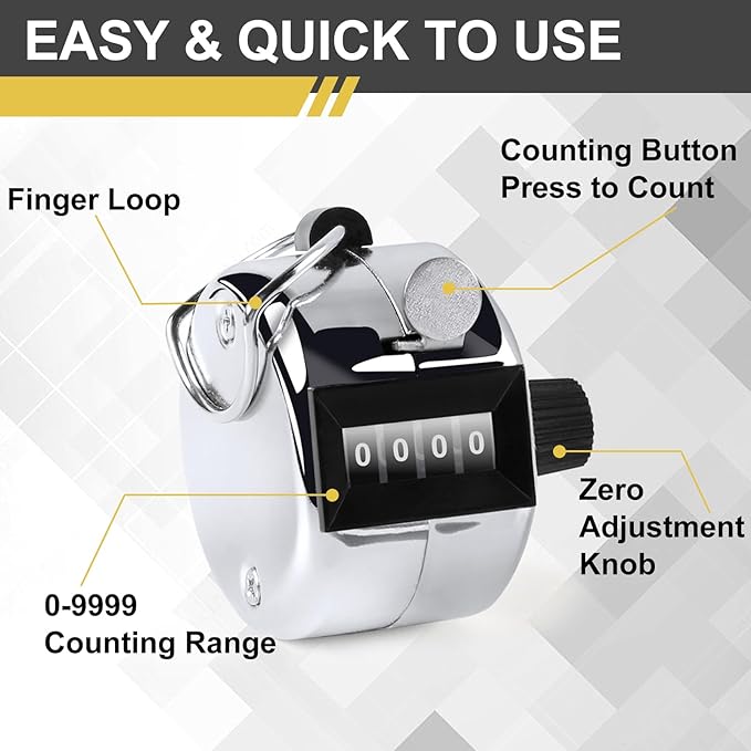 2PCS Premium One Hand Counter Clicker, Silver Metal Clicker Counter, Manual Mechanical People Counter Clicker with Nylon Lanyard, 4-Digit Number Count Tally Counter Clicker for Golf, Lap & Row Etc.