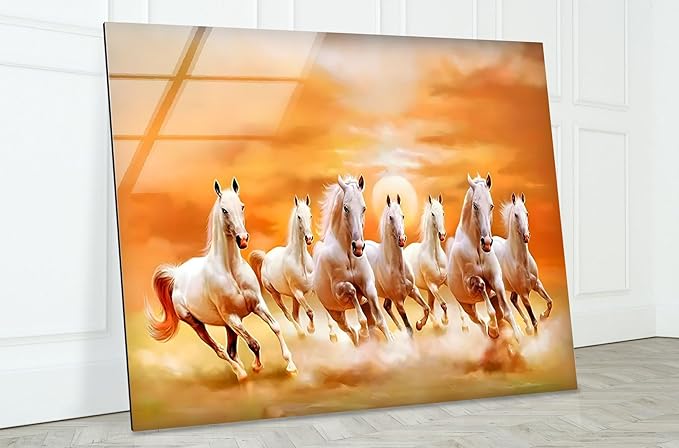 My Photostation.com 43Wx27H'' White Horses Running on Sunset Glass Wall ArtTempered Glass Printing Wall Decor Large Wall Art Wall Hangings