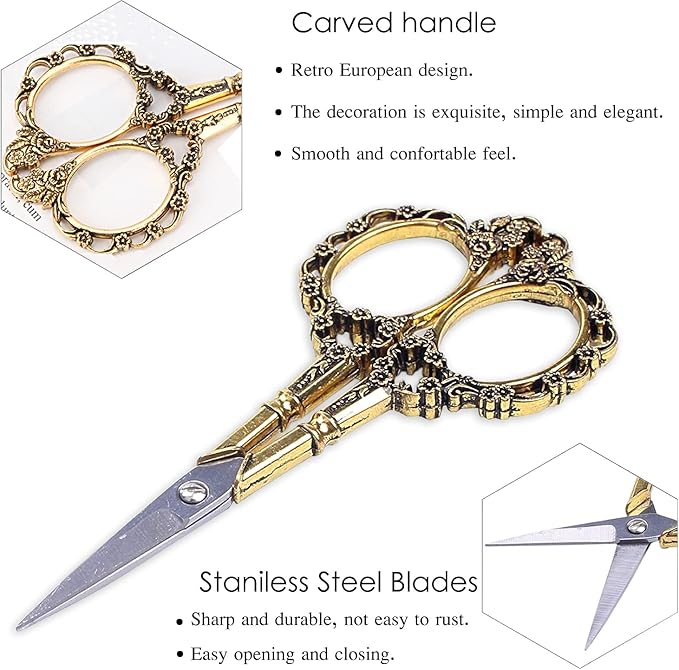 BIHRTC 4.5inch Small Sewing Scissors with Leather Case Sharp Tip Stainless Steel Scissors Vintage Shears Detail Yarn Thread Snips for Office Home Sewing Supplies Cross Stitch Needlework DIY Gold