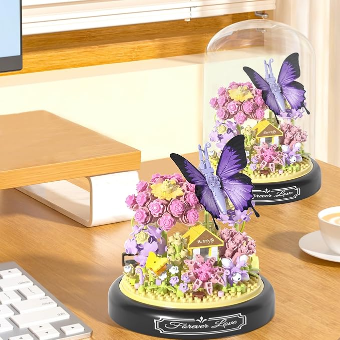 Flower Bouquet Building Set for Adults,582 PCS Animals Flowers Botanical Collection Mini Building Block Kit with Dust Cover,Butterfly Wildflower Bonzai Building Toys for Girl Women