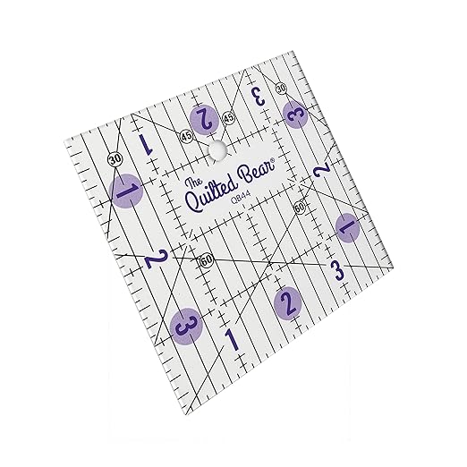 The Quilted Bear Quilting Rulers - Transparent Acrylic Non Slip Quilting, Patchwork & Sewing Ruler with Clear Black Lines & 30, 45 & 60 Degree Angles for Perfect Accuracy & Precision (4" x 4")