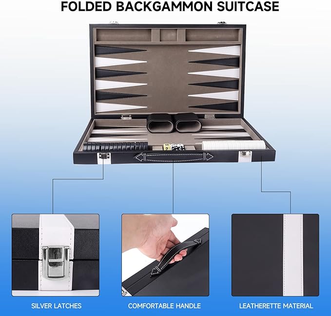 GSE Games & Sports Expert Premium Leather Backgammon Board Game Set, Classic Backgammon Game Set with Leather Case, Travel Folding Board Game (Black&Grey, Large)