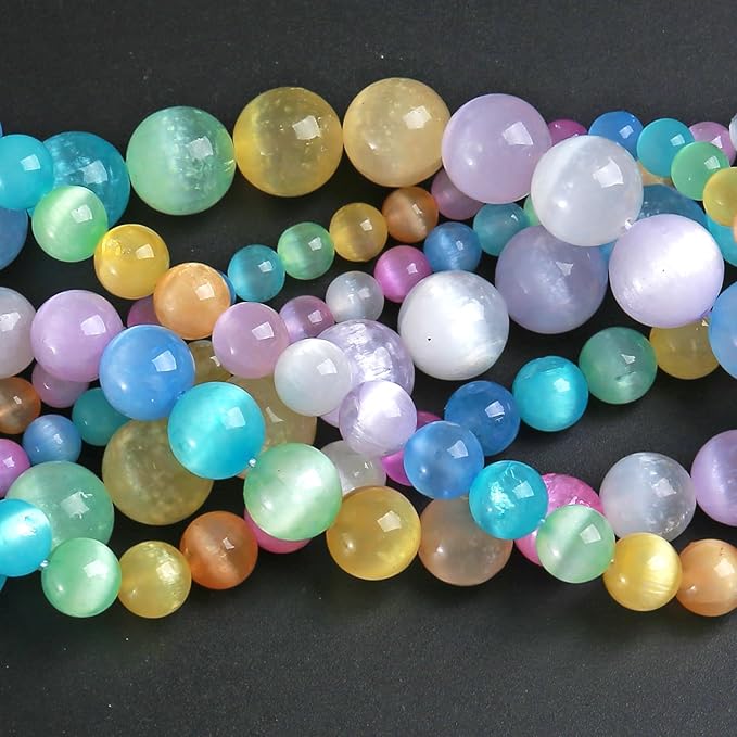 6MM 120pcs Mixed Color Selenite Gypsum Beads Natural Stone Round Loose Beads for Jewelry Making DIY Bracelet Necklace 2 Strands 32"