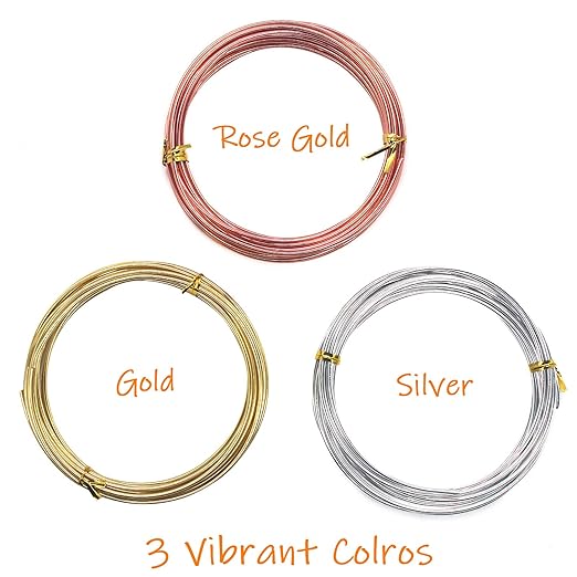 Cinvo 3 Rolls Craft Wire Jewelry Beading Wire Flexible Aluminum Wire Tarnish Resistant for DIY Jewelry Craft Making (12 Gauge/2mm Thick, Silver, Gold and Rose Gold)