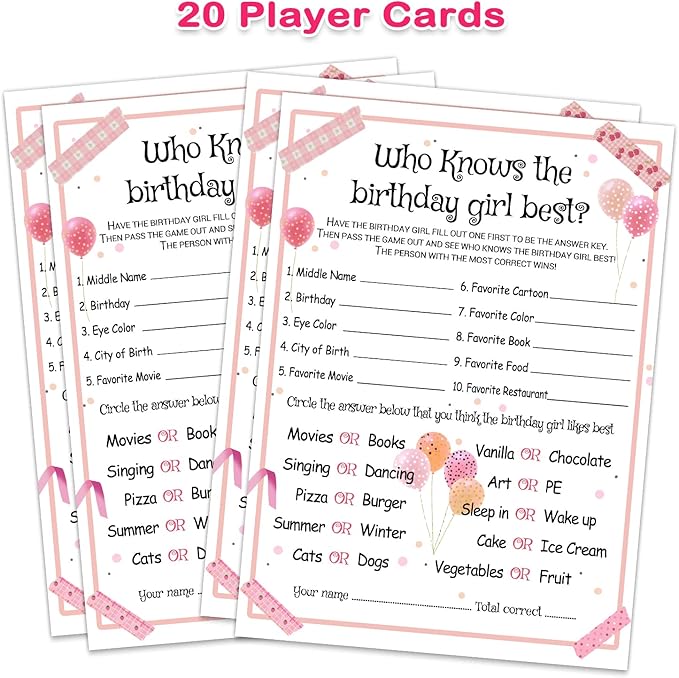 Who Knows the Birthday Girl Best - Girl Birthday Party Game - Themed Party Activity and Idea - Supplies, Decorations - 20 Game Cards
