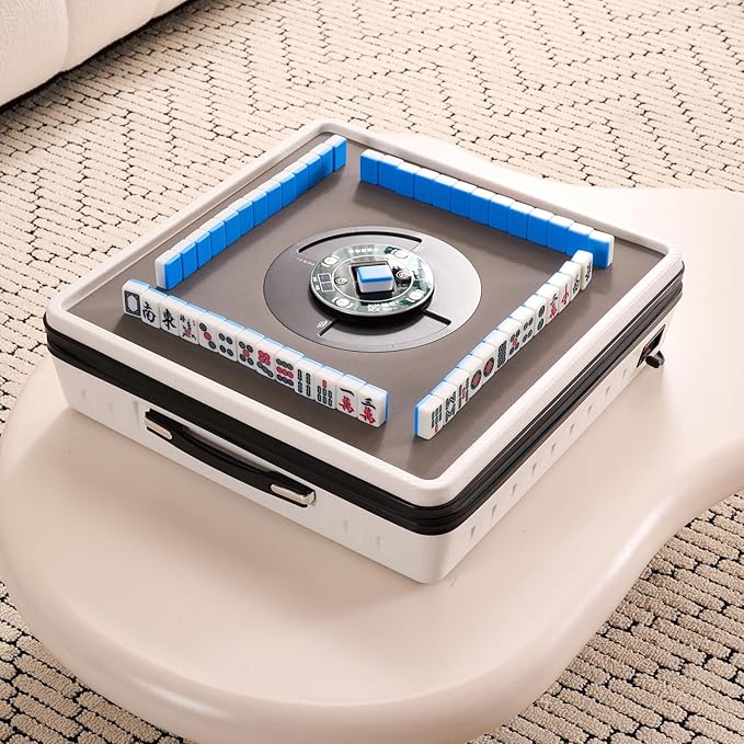 Portable Automatic Mahjong Table, Hand-held Mini-Mahjong, Automatic Mahjong, Foldable Mahjong Table w/American&Chinese -Style Magnetic Tiles, for Outdoor & Home Fun (White)