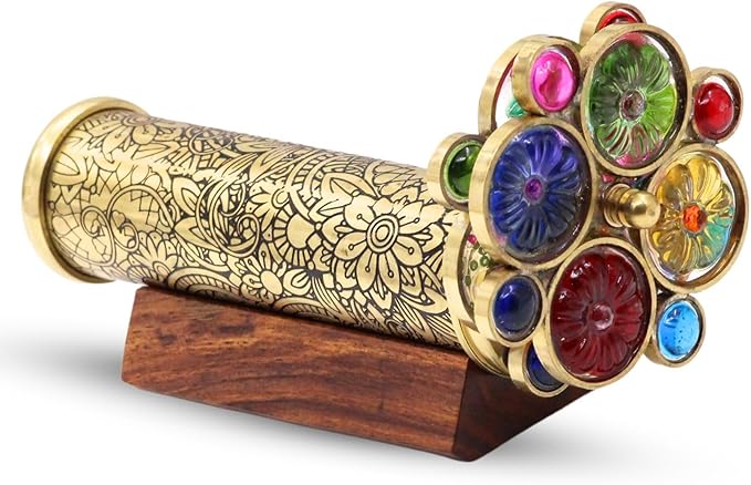 RII Handcrafted Etched Floral Pattern Lacquered Brass Kaleidoscope Includes Two Separate Turning Wheels-A Perfect Addition to any Collection. (7"x1.5")